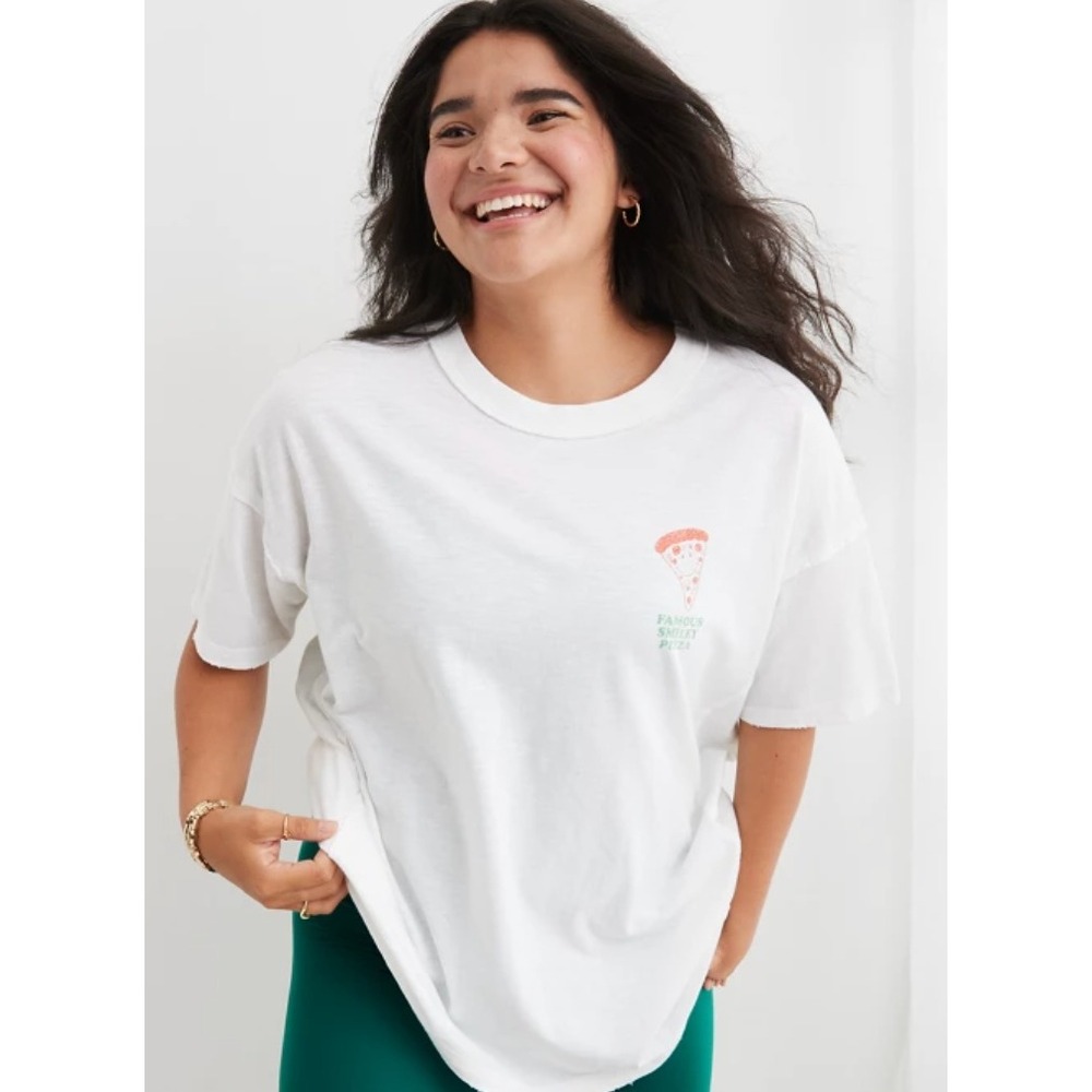 AERIE Boho Indie Graphic Tee Women S White Famous Smiley Pizza NYC Slub Cotton